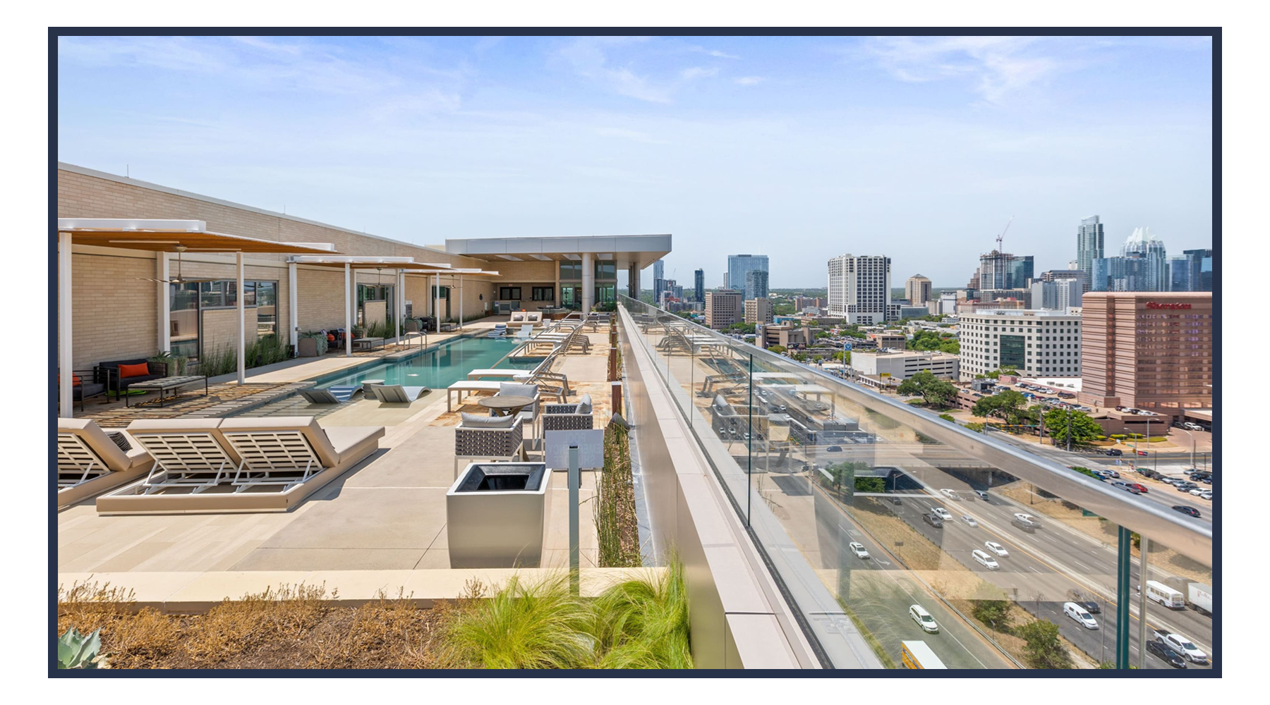 outside patio area with a view of the city skyline