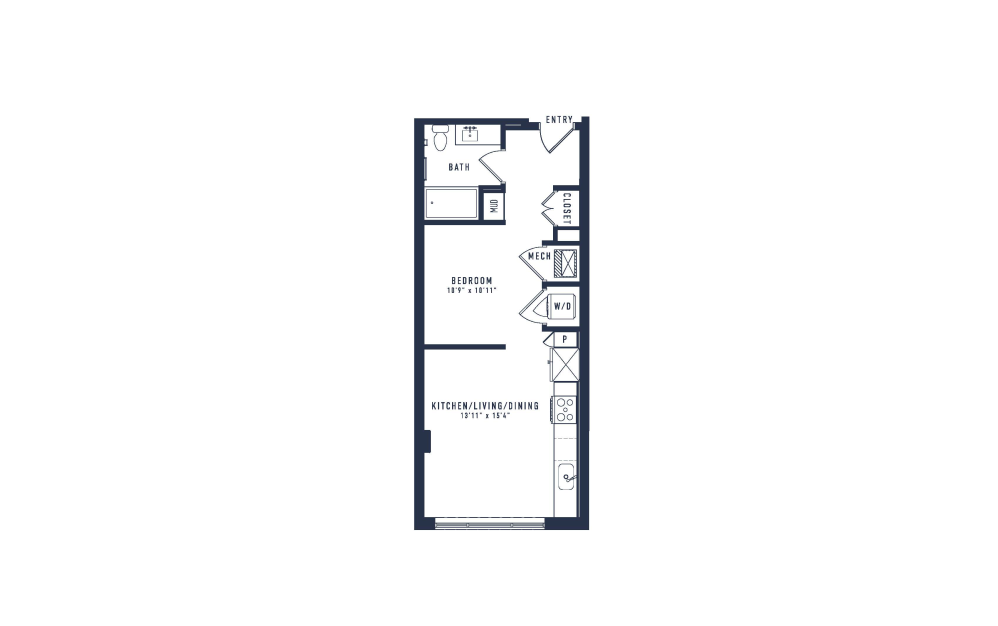 S1T - 1 bedroom floorplan layout with 1 bathroom and 561 square feet
