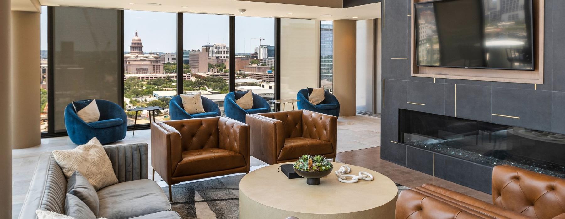 a living room with a large window