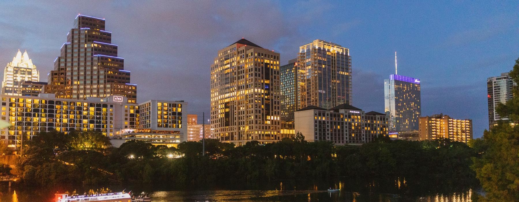 a city skyline at night